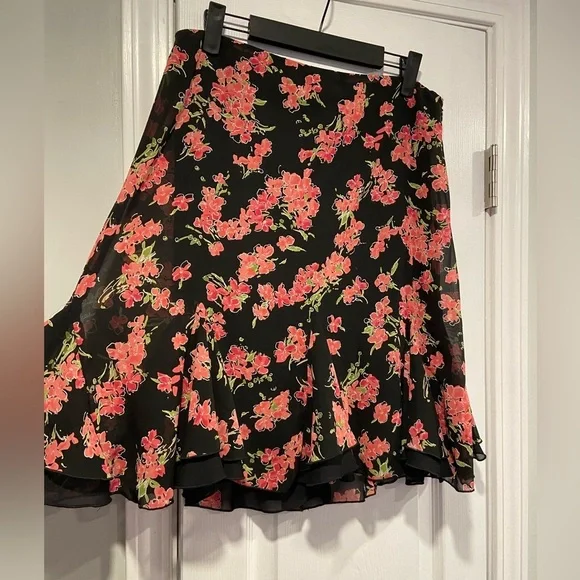 Fashion Bug Size 10 Layered Black Pink Floral Tulip Ruffle Hem Midi Skirt Zip - Picture 2 of 9